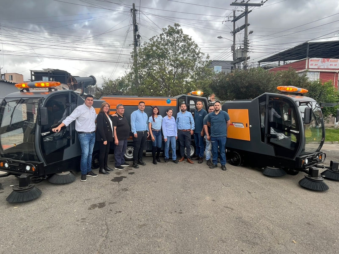 Industrial ride-on sweeper fleet delivery with team