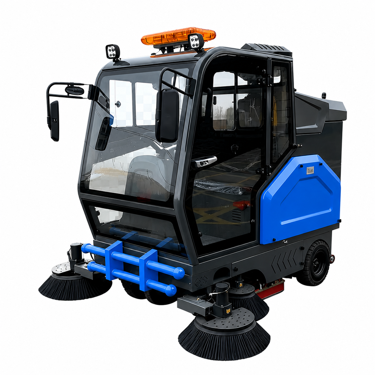 HS220 Full-Enclosed Ride On Electric Floor Sweeper - Front View with Side Brushes